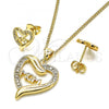Oro Laminado Earring and Pendant Adult Set, Gold Filled Style Mom and Heart Design, with White Micro Pave, Polished, Golden Finish, 10.342.0030