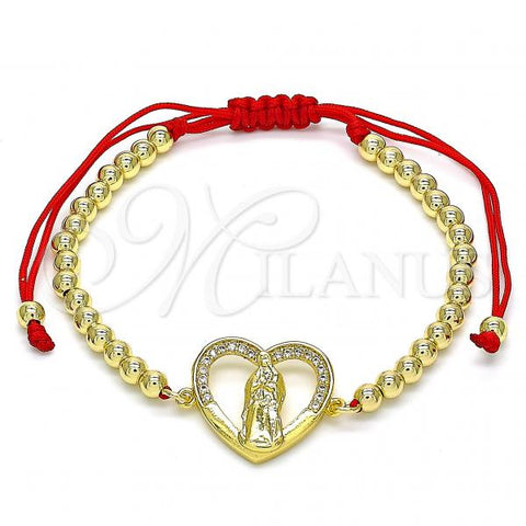 Oro Laminado Adjustable Bolo Bracelet, Gold Filled Style Guadalupe and Heart Design, with White Micro Pave, Polished, Golden Finish, 03.207.0107.11