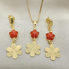 Oro Laminado Earring and Pendant Adult Set, Gold Filled Style Flower and Box Design, with Orange Opal, Resin Finish, Golden Finish, 10.58.0026