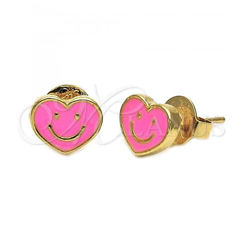 Oro Laminado Stud Earring, Gold Filled Style Heart and Smile Design, Pink Enamel Finish, Golden Finish, 02.64.0237 *PROMO*