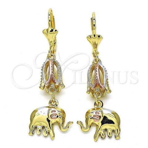 Oro Laminado Long Earring, Gold Filled Style Elephant Design, Polished, Tricolor, 02.351.0018