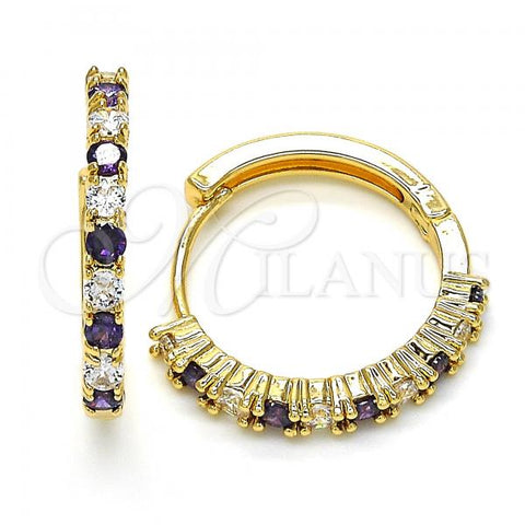 Oro Laminado Huggie Hoop, Gold Filled Style with Amethyst and White Cubic Zirconia, Polished, Golden Finish, 02.210.0095.4.25