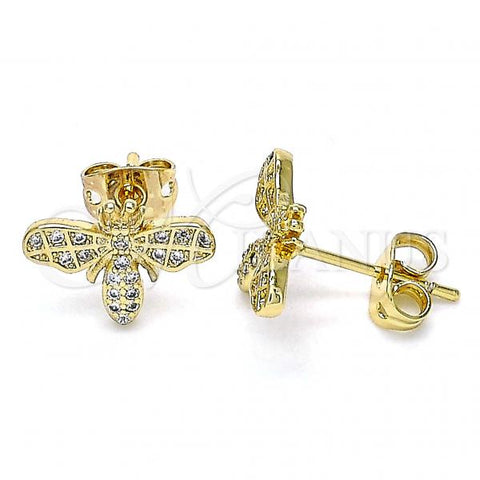 Oro Laminado Stud Earring, Gold Filled Style Bee Design, with White Micro Pave, Polished, Golden Finish, 02.342.0074