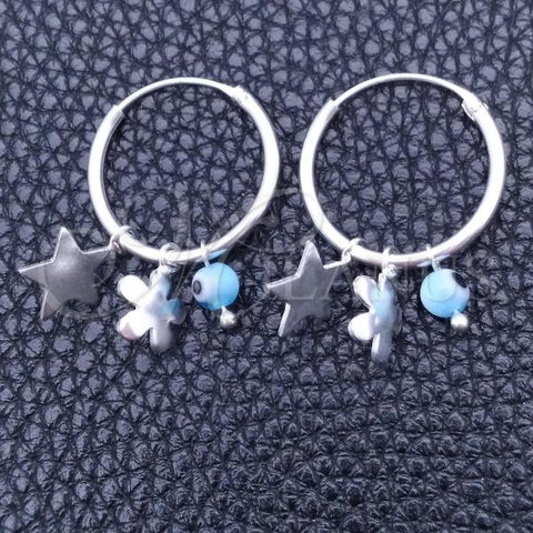 Sterling Silver Small Hoop, Evil Eye and Flower Design, with Aqua Blue Crystal, Polished, Silver Finish, 02.402.0011.15