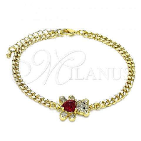 Oro Laminado Fancy Bracelet, Gold Filled Style Teddy Bear and Heart Design, with Garnet Cubic Zirconia and White Micro Pave, Polished, Golden Finish, 03.381.0034.2.08