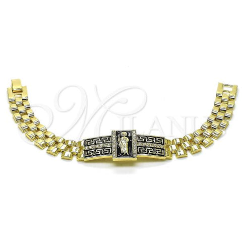 Oro Laminado Fancy Bracelet, Gold Filled Style San Judas and Greek Key Design, with White Micro Pave, Black Enamel Finish, Golden Finish, 03.411.0012.08