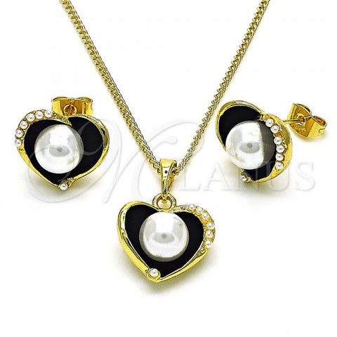 Oro Laminado Earring and Pendant Adult Set, Gold Filled Style Heart Design, with Ivory Pearl, Black Enamel Finish, Golden Finish, 10.379.0048.1