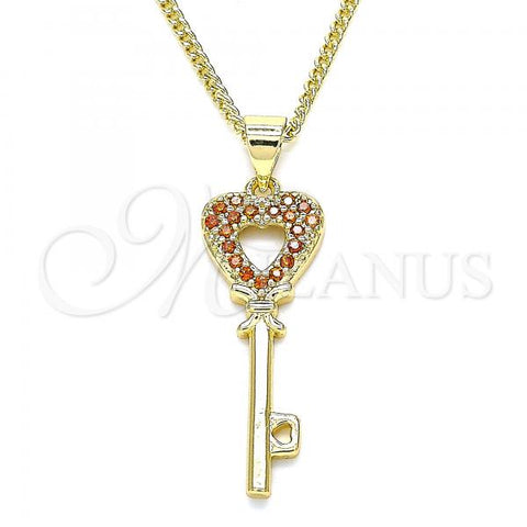 Oro Laminado Pendant Necklace, Gold Filled Style key and Heart Design, with Garnet Micro Pave, Polished, Golden Finish, 04.344.0016.1.20