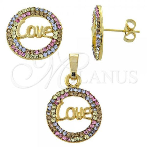 Oro Laminado Earring and Pendant Adult Set, Gold Filled Style Love Design, with Multicolor Crystal, Polished, Golden Finish, 10.164.0002.1