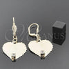 Oro Laminado Dangle Earring, Gold Filled Style Heart Design, with White Cubic Zirconia, Golden Finish, 73.004