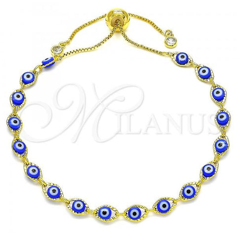 Oro Laminado Adjustable Bolo Bracelet, Gold Filled Style Evil Eye Design, with White Cubic Zirconia, Blue Resin Finish, Golden Finish, 03.386.0006.11
