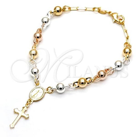 Oro Laminado Charm Bracelet, Gold Filled Style Cross and Divino Niño Design, Polished, Tricolor, 03.32.0268.07