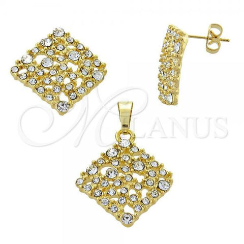 Oro Laminado Earring and Pendant Adult Set, Gold Filled Style with White Crystal, Matte Finish, Golden Finish, 10.164.0001