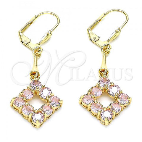 Oro Laminado Long Earring, Gold Filled Style with Pink Cubic Zirconia, Polished, Golden Finish, 02.387.0053.2