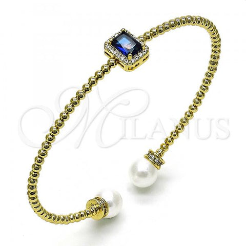 Oro Laminado Individual Bangle, Gold Filled Style Ball Design, with Sapphire Blue Cubic Zirconia and Ivory Pearl, Polished, Golden Finish, 07.228.0001.2