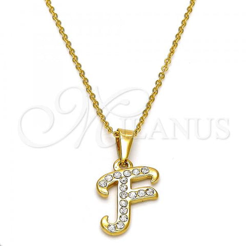 Stainless Steel Pendant Necklace, Initials and Rolo Design, with White Crystal, Polished, Golden Finish, 04.238.0005.18