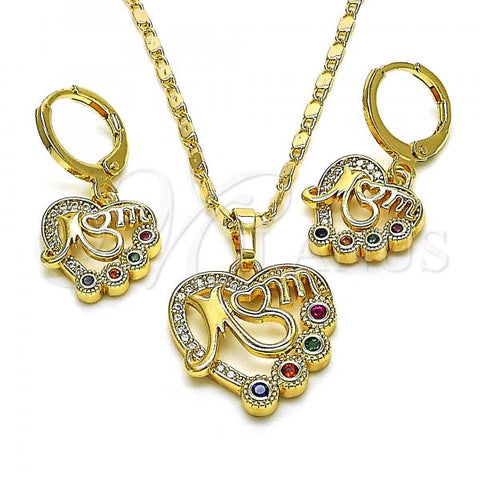 Oro Laminado Earring and Pendant Adult Set, Gold Filled Style Heart and Mom Design, with Multicolor Cubic Zirconia and White Micro Pave, Polished, Golden Finish, 10.196.0067.1
