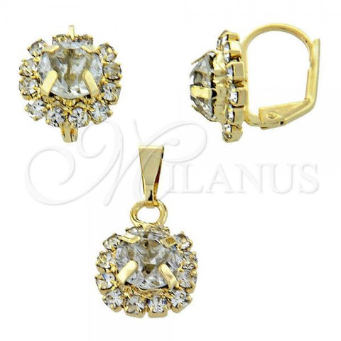 Oro Laminado Earring and Pendant Adult Set, Gold Filled Style Flower Design, with White Cubic Zirconia, Polished, Golden Finish, 10.122.0001.4