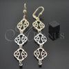 Oro Laminado Long Earring, Gold Filled Style Filigree Design, with White Cubic Zirconia, Diamond Cutting Finish, Tricolor, 5.107.011