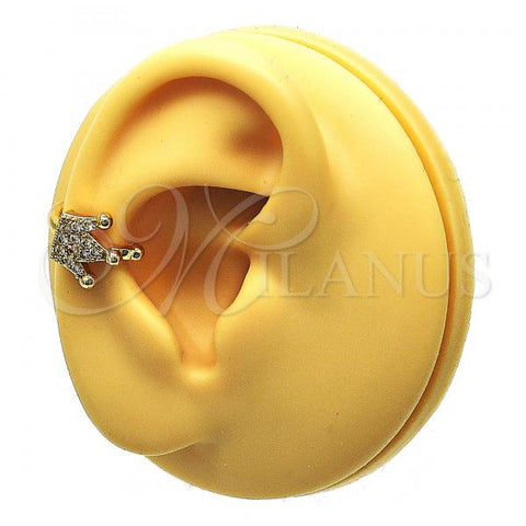 Oro Laminado Earcuff Earring, Gold Filled Style Crown Design, with White Micro Pave, Polished, Golden Finish, 02.210.0686