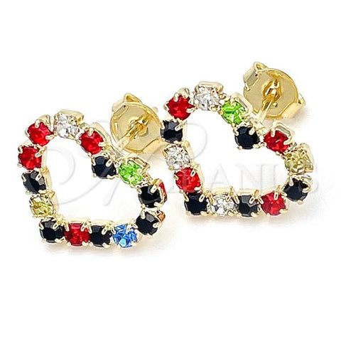 Oro Laminado Stud Earring, Gold Filled Style Heart Design, with Multicolor Cubic Zirconia, Polished, Golden Finish, 02.09.0216