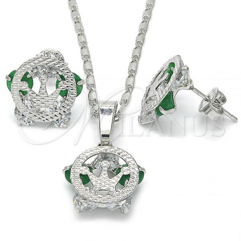 Rhodium Plated Earring and Pendant Adult Set, Crown Design, with Green and White Cubic Zirconia, Polished, Rhodium Finish, 10.106.0017.3