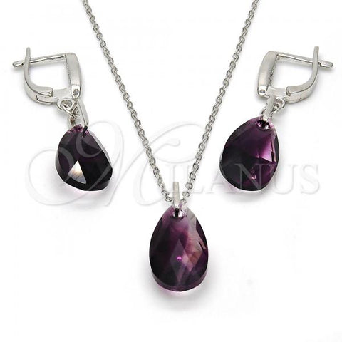 Sterling Silver Earring and Pendant Adult Set, Teardrop Design, with Amethyst Swarovski Crystals, Polished, Rhodium Finish, 10.281.0023