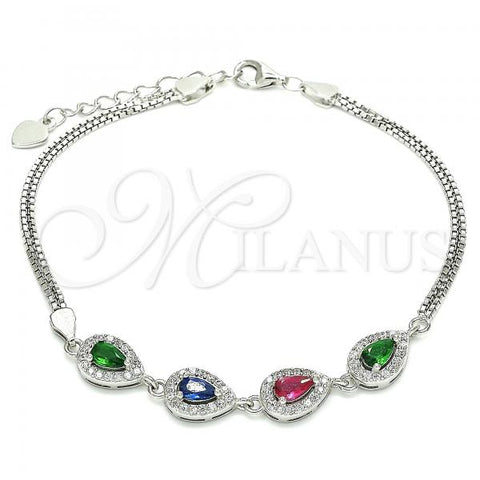 Sterling Silver Fancy Bracelet, Teardrop Design, with Multicolor Cubic Zirconia, Polished, Rhodium Finish, 03.286.0015.4.07