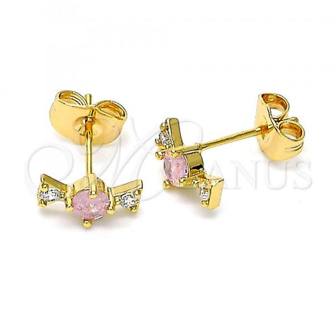 Oro Laminado Stud Earring, Gold Filled Style with Pink and White Cubic Zirconia, Polished, Golden Finish, 02.310.0063