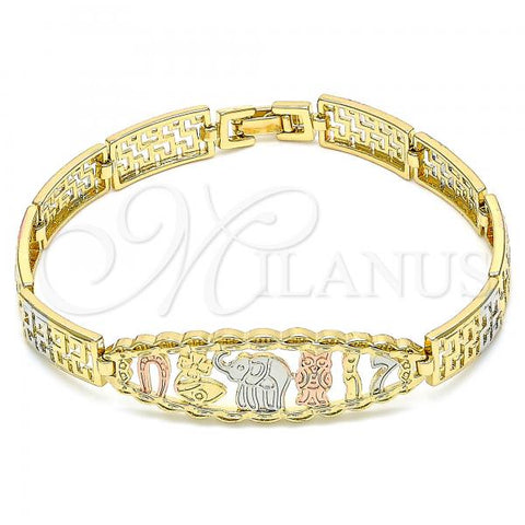 Oro Laminado Fancy Bracelet, Gold Filled Style Elephant and Owl Design, Polished, Tricolor, 03.380.0072.07