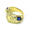 Oro Laminado Multi Stone Ring, Gold Filled Style Guadalupe and Elephant Design, with Sapphire Blue and Black Cubic Zirconia, Polished, Golden Finish, 01.380.0020.1.08