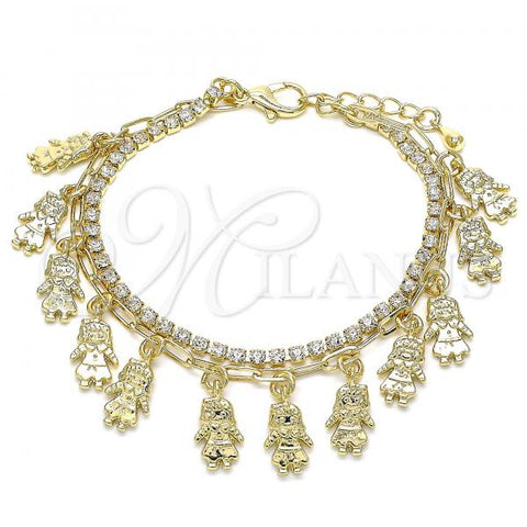 Oro Laminado Charm Bracelet, Gold Filled Style Little Girl and Paperclip Design, with White Crystal, Polished, Golden Finish, 03.372.0016.08