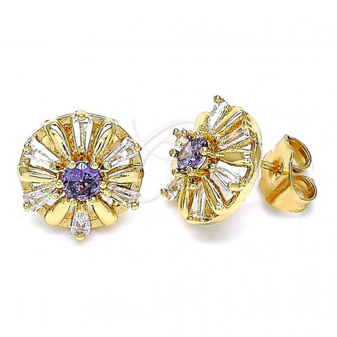 Oro Laminado Stud Earring, Gold Filled Style Flower Design, with Amethyst and White Cubic Zirconia, Polished, Golden Finish, 02.387.0033.2