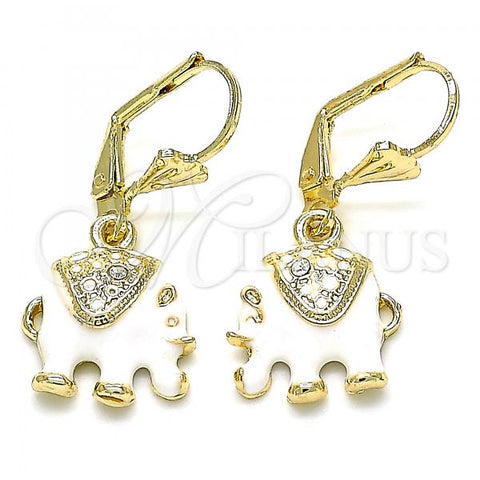 Oro Laminado Dangle Earring, Gold Filled Style Elephant Design, with White Crystal, White Enamel Finish, Golden Finish, 02.351.0058