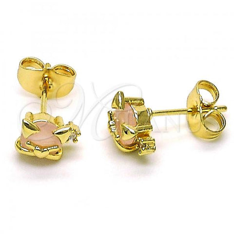 Oro Laminado Stud Earring, Gold Filled Style Teddy Bear and Heart Design, with Rose Water Opal Cubic Zirconia, Polished, Golden Finish, 02.210.0778