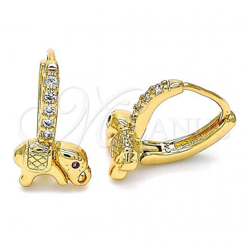 Oro Laminado Huggie Hoop, Gold Filled Style Elephant Design, with White and Ruby Micro Pave, Polished, Golden Finish, 02.213.0177.15