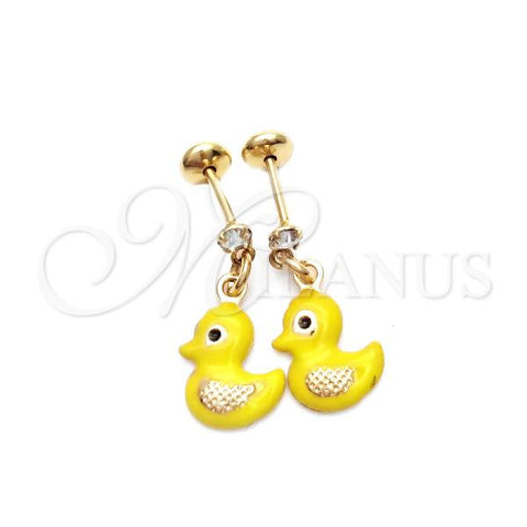 Oro Laminado Stud Earring, Gold Filled Style Bird Design, Yellow Enamel Finish, Golden Finish, 02.58.0010