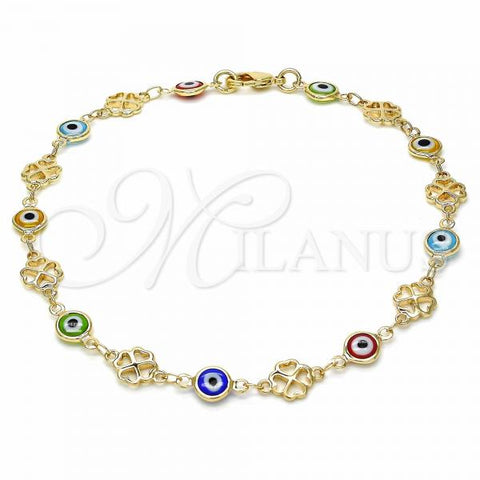 Oro Laminado Fancy Anklet, Gold Filled Style Evil Eye and Four-leaf Clover Design, Multicolor Resin Finish, Golden Finish, 03.326.0011.10