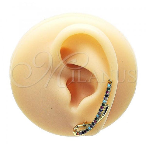 Oro Laminado Earcuff Earring, Gold Filled Style with Multicolor Micro Pave and Garnet Cubic Zirconia, Polished, Golden Finish, 02.210.0674