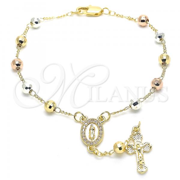 Oro Laminado Bracelet Rosary, Gold Filled Style Guadalupe and Crucifix Design, with White Cubic Zirconia, Polished, Tricolor, 03.253.0036.08