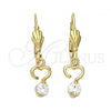 Oro Laminado Dangle Earring, Gold Filled Style Heart Design, with White Cubic Zirconia, Polished, Golden Finish, 5.073.008