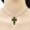 Oro Laminado Religious Pendant, Gold Filled Style Cross Design, with Green Cubic Zirconia, Polished, Golden Finish, 05.341.0100.1