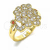 Oro Laminado Multi Stone Ring, Gold Filled Style Peacock Design, with White and Garnet Cubic Zirconia, Polished, Golden Finish, 01.365.0015.08 (Size 8)