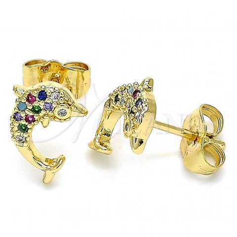 Oro Laminado Stud Earring, Gold Filled Style Dolphin Design, with Multicolor Micro Pave, Polished, Golden Finish, 02.344.0064.2