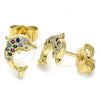 Oro Laminado Stud Earring, Gold Filled Style Dolphin Design, with Multicolor Micro Pave, Polished, Golden Finish, 02.344.0064.2