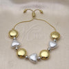 Oro Laminado Adjustable Bolo Bracelet, Gold Filled Style Heart and Ball Design, with Ivory Pearl, Polished, Two Tone, 03.341.0227.11