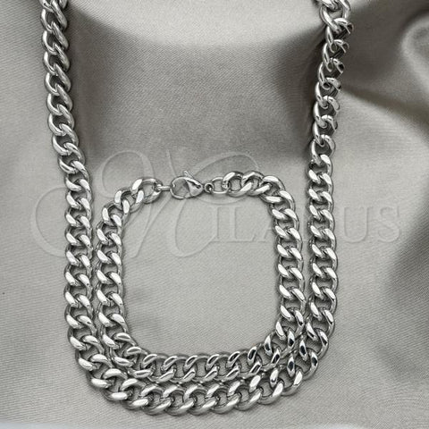 Stainless Steel Necklace and Bracelet, Miami Cuban Design, Polished,, 06.278.0002