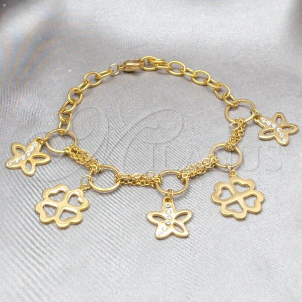 Stainless Steel Fancy Bracelet, Flower Design, with White Crystal, Polished, Golden Finish, 03.63.22114.08