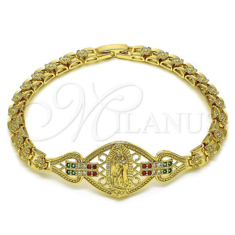 Oro Laminado Fancy Bracelet, Gold Filled Style Guadalupe and Flower Design, with Multicolor Cubic Zirconia, Polished, Golden Finish, 03.283.0402.07
