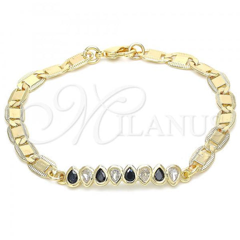 Oro Laminado Fancy Bracelet, Gold Filled Style Teardrop Design, with Black and White Cubic Zirconia, Polished, Golden Finish, 03.63.2151.07